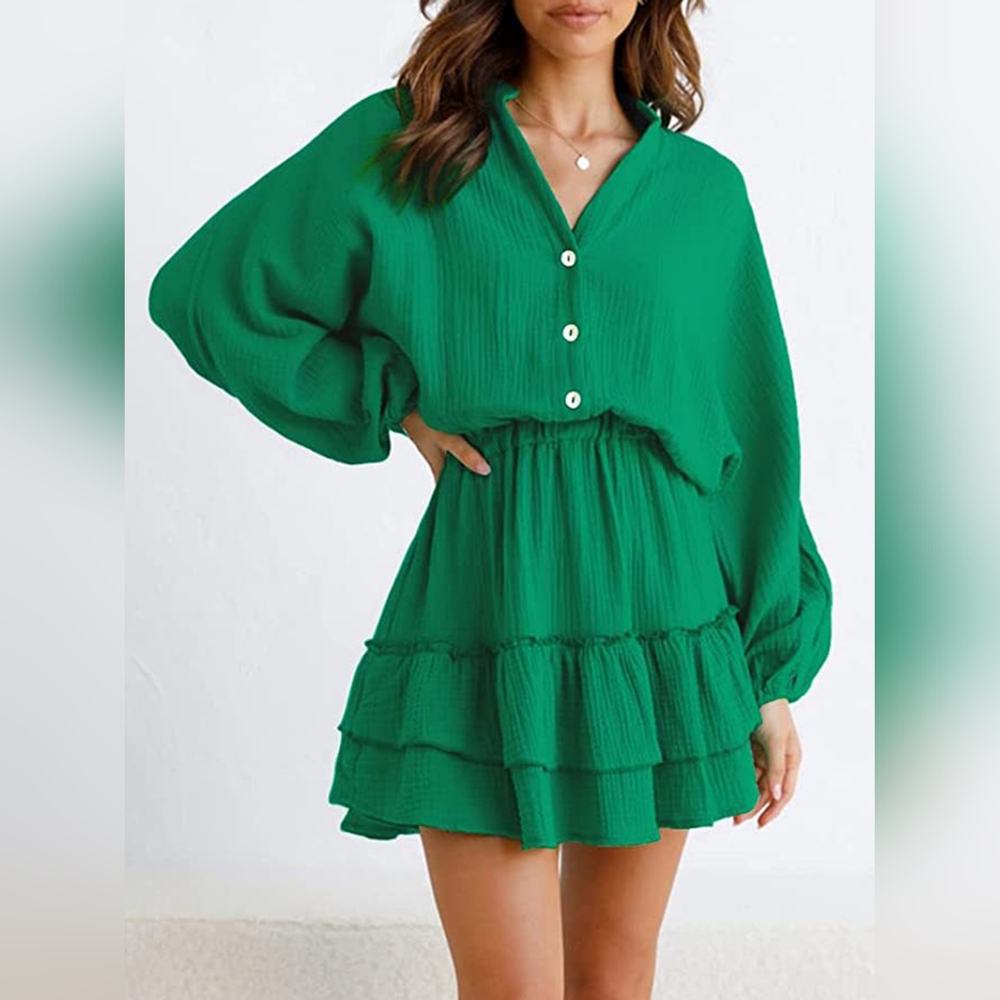 Ruffled Notched Balloon Sleeve Mini Dress